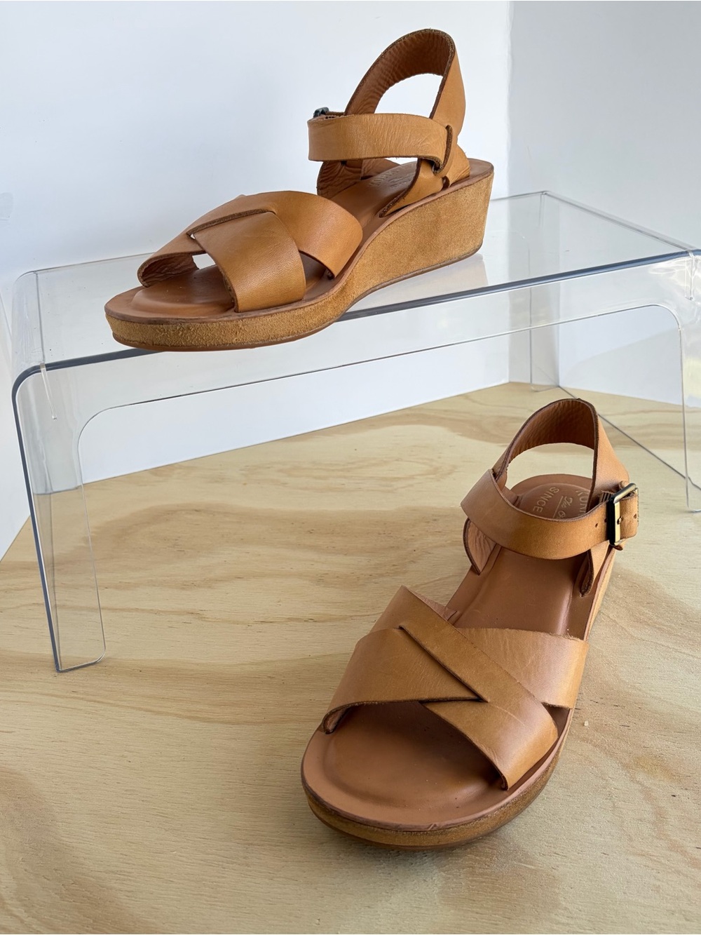 Kork-Ease Tan Brown Leather Wedge Sandals Ankle Strap Women's Size 7 US / 38 EU